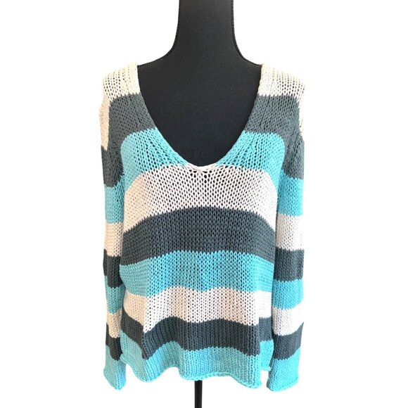 Wooden Ships Kenzie Blue Striped Open Knit Sweater M Sustainable Coastal Nautica - Picture 2 of 10